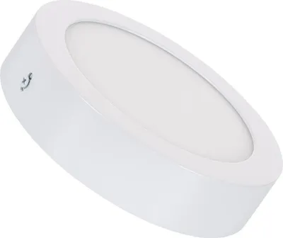 A white, round LED ceiling light is shown from a diagonal angle against a white background.