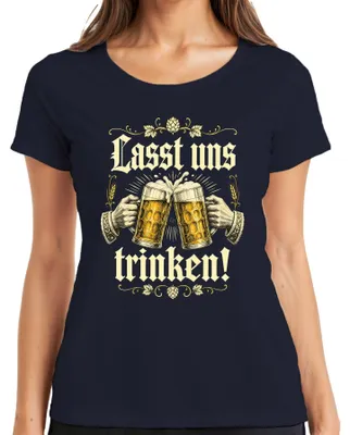 Immagine prodotto di Alziamo i bicchieri! Maglietta da donna, blu navy, taglia M, con scritta "Oktoberfest", "Birra", "Prost" (salute!), "Divertente", "Bere"