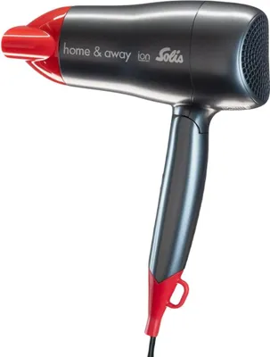 A product shot of a gray and red hair dryer on a white background.
