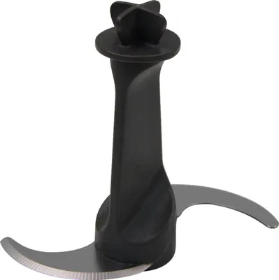 A close-up studio shot of a black and silver blender blade attachment.