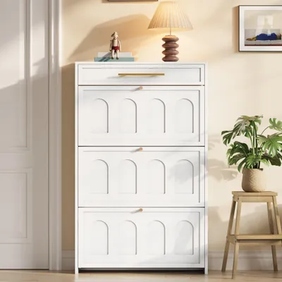 Zdjęcie produktu dla Szafka na buty o wymiarach 70x25x123,5 cm, w białym kolorze, wykonana z MDF, z 6 otwartymi półkami i 1 szufladą, idealna do przedpokoju, holu, salonu lub biura