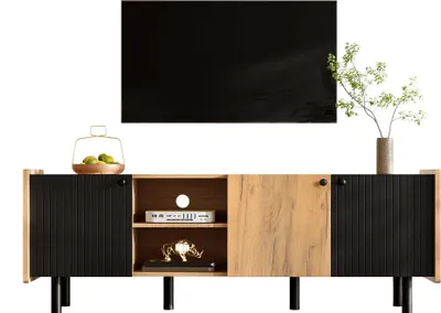 Produktbild von AIORBER 160 cm Schwarzer und Holzfarbener TV-Schrank – Moderner Stil mit Drei Türen und Zwei Offenen Fächern