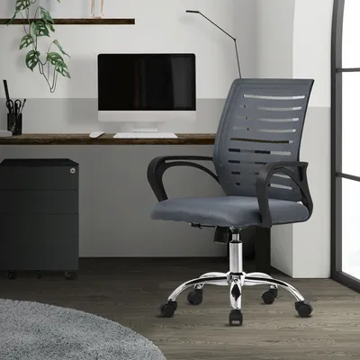 An office chair in a home office setting.