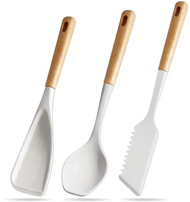 Image de Lot de spatules en silicone avec manche en bois, cuillères multifonctions pour poêles antiadhésives, cuillères de cuisine résistantes à la chaleur et spatules pour mélanger, servir et racler (blanc).