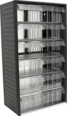 A multi-drawer storage unit with clear plastic drawers.