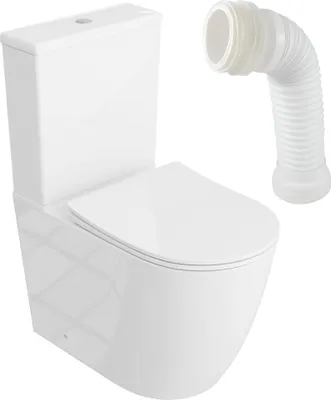 A white, modern toilet with a separate flexible drain pipe shown next to it, both on a white background.
