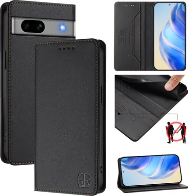 Obrázek produktu pro Kožené pouzdro pro Google Pixel 7A, flipové pouzdro s přihrádkami na karty, peněženkou a stojánkem Černý