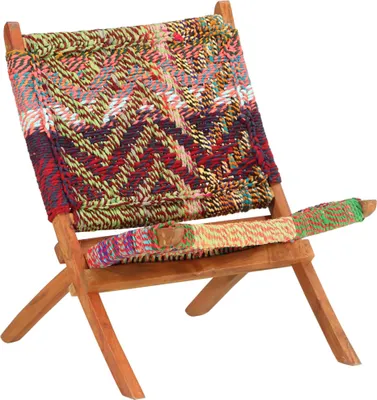 A colorful woven folding chair.