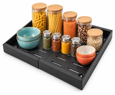Immagine prodotto di Relaxdays, cassetto telescopico, confezione da 1, dimensioni (altezza x larghezza x profondità): 7,5 x 31-52 x 42 cm, da fissare, metallo, regolabile, estensibile, colore nero, Immagine generata dall'IA