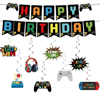 Obrázok produktu pre Dekorácie na narodeniny s motívom hier, girlanda "Happy Birthday" s 8 príveskami