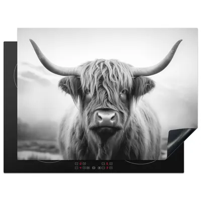 Produktbild von KitchenYeah© Herdabdeckplatte Schottischer Highlander - Tier - Grau , 71x52cm, Küche Deko, Glaskeramikkochfeld Herdabdeckung, Abdeckplatte fùr Kochfeld