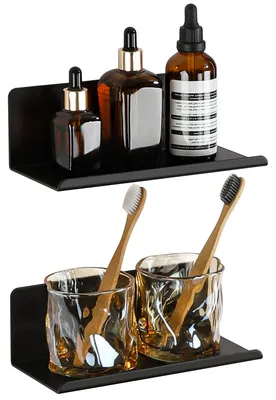 Image de Supports muraux sans perçage, 20 cm, noirs, lot de 2, pour salle de bain