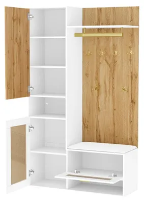 Image de Ensemble de vestiaire - Meuble de vestiaire - Avec miroir - 5 crochets - Banc - Éclairage LED 16 couleurs - Bois - Doré