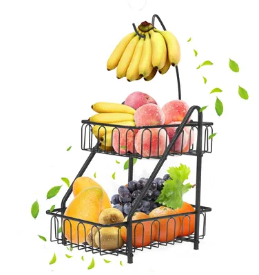 Obstkorb 2-stöckig mit Bananenhalter, Metall, schwarz