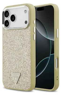 Zdjęcie produktu dla GUESS case passend für IPHONE 17 Pro Max compatible with MagSafe GUHMP17XPFGTSCMD (PU Glitter W/ Triangle Logo) gold