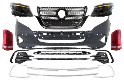 Zdjęcie produktu dla Zestaw karoserii do Mercedesa Vito 2020–2024: zderzak, osłona chłodnicy, reflektory, tylne światła.