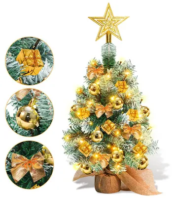 Produktbild von Peviasot Mini Weihnachtsbaum Tannenbaum Künstlicher Christbaum mit LED-Lichterkette, Tischdeko mit Christbaumkugeln und Schleife, 40cm Gold