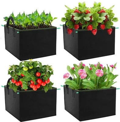 Produktbild von Unyqoos® 55 L atmungsaktive Pflanzsäcke aus Vlies – rechteckig mit verstärkten Tragegriffen, gute Belüftung & Drainage für Gemüse und Obst