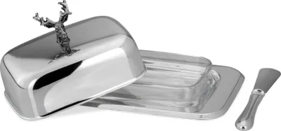 Produktbild von Butterdose Hirsch, mit Glaseinsatz ( 150ml ), Deckel & Buttermesser, für 1/2 - Pfund, versilbert, 1