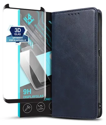 Produktbild von Handyhülle für Samsung Galaxy S8 mit 9H Displayglas Kunstleder Flip Cover Hülle Klapphülle Case Kartenfach Farbe: Blau