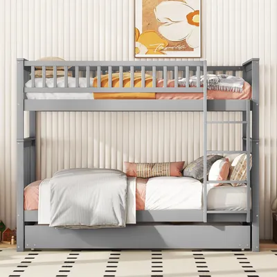 Zdjęcie produktu dla łóżko piętrowe 90x200cm z wysuwanym łóżkiem - Solidne drewno sosnowe, szary design, wysokie poręcze, stabilne schody