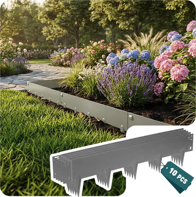Produktbild von VOUNOT® Rasenkante verzinkt Metall 10m, Steckzaun Beeteinfassung, 10 Stück, Grau