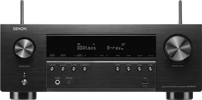 Front view of a black audio-visual receiver.