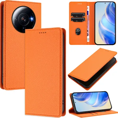 Produktbild von Litchi Leder Handyhülle für Xiaomi 12S Ultra Wallet Kartenfächer Standfunktion Hülle Orange
