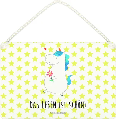 Produktbild von Mr. & Mrs. Panda Schild Einhorn Spaziergang DIN A4 - Weiß - Geschenk, Türschild, Unicorn, Holzschild, Einhörner, Freundin, holzbild, Blumen, Wandbild Holz, Mutter