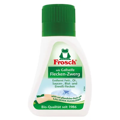 A bottle of Frosch stain remover with a green cap.