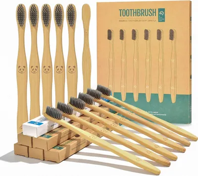 Image de lot de 12 brosses à dents écologiques en charbon de bambou à poils souples