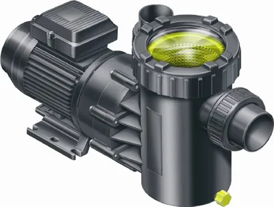A black filter pump with a yellow filter basket is shown against a white background.