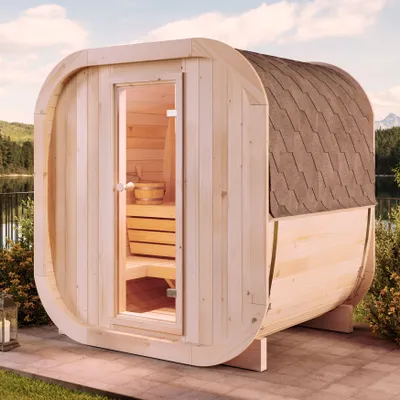 Produktbild von FinnTherm Fasssauna ScandiCube Mini XS Fasssauna 2 Sitzbänke aus Holz, Sauna mit 42 mm Wandstärke, Außensauna mit Montagematerial