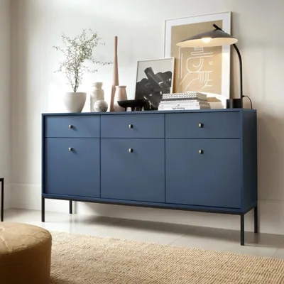 Produktbild von RAVIO Kommode Bari KSZ154 breite 154cm Sideboard mit Metallfüße drei Schubladen und Türen (Dunkelblau + Schwarz Beine)