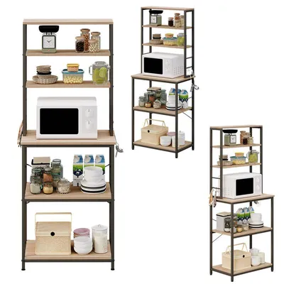 Three kitchen shelving units are displayed against a white background, each filled with various kitchen items.