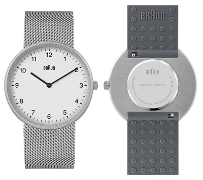 Produktbild von Braun 2-Zeiger-Quarz-Analoguhr, weißes Zifferblatt und Edelstahl-Mesh-Armband mit zusätzlichem grauem Silikon-Kautschukarmband, Schnellverschluss-Federstege, 38 mm, Modell BN0281WHMHGYG.