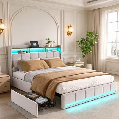 Produktbild von INONEFT Polsterbett 140x190cm mit Stauraum, Jugendbett mit 4 Schubladen, USB und Typ-C-Anschlüssen, Doppelbett mit Lattenrost und LED, Leinen, Beige