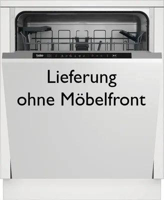 A dishwasher with its door open, showing the interior racks and control panel. Text is overlaid on the door.