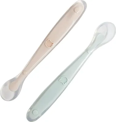 Produktbild von 2 Stück sanft gebogene Silikon-Babylöffel für Brei - ideal ab 1 Monat - bunte Babylöffel-Set