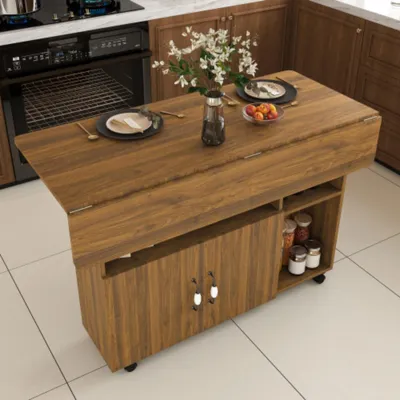 Produktbild von Esstisch, Multifunktional mit 5 Ablageböden und 5 Lenkrollen (4 feststellbar), platzsparend für Küche, Büro, 110x70x80 cm