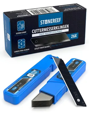 Produktbild von Cuttermesser Klingen 18 mm – 26x Ersatzklingen in Schwarz – SK5 Kohlenstoffstahl – Abbrechklingen Extra Scharf – Kompatibel mit Cuttermesser, Teppichmesser