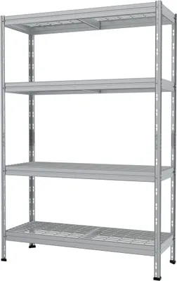 A four-tier metal shelving unit against a white background.