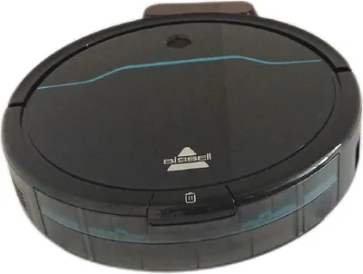 A black robot vacuum cleaner with blue accents is shown from a slightly elevated angle against a white background.