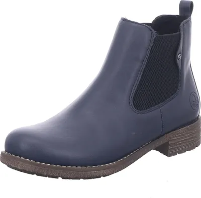 A single blue Chelsea boot is shown against a white background.