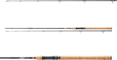 Three fishing rods are shown against a white background.