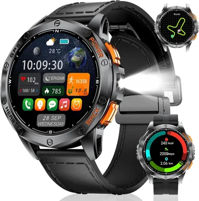 Smartwatch Herren, Bluetooth-Anrufe, LED Taschenlampe, 1,43" AMOLED-Display Fitness Tracker mit 100+ Sportmodi, Kompass/Barometer/Höhenmesser