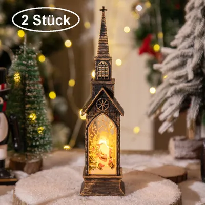 Produktbild von 2 Stück Weihnachtsdekoration mit Beleuchtung Batteriebetrieben Kirche,LED Tischlampe Nachtlicht Weihnachtsbeleuchtung Heimdekoration(Weihnachtsmann)