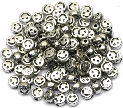 Obrázok produktu pre Remeselné korálky okrúhle 100 ks, 7 x 4 mm okrúhle, strieborné korálky so smajlíkom