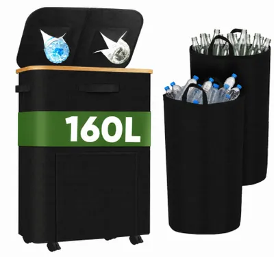 Produktbild von Pfandflaschensammler 160L mit 2 Fächern, Deckel, Rollen, 2 TPU-Innenbeuteln, Faltbarer Leergut-Sammelbehälter für Glasflaschen, PET-Flaschen & Dosen