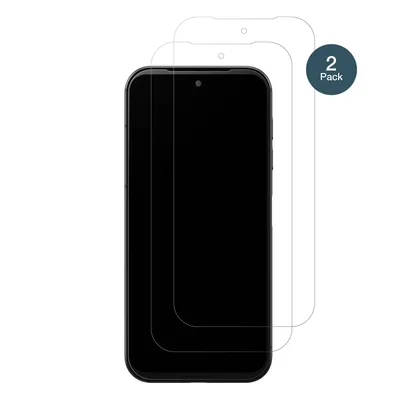 Two screen protectors are shown layered on top of each other, with the top one slightly offset to reveal the second. A smartphone is partially visible underneath the screen protectors.